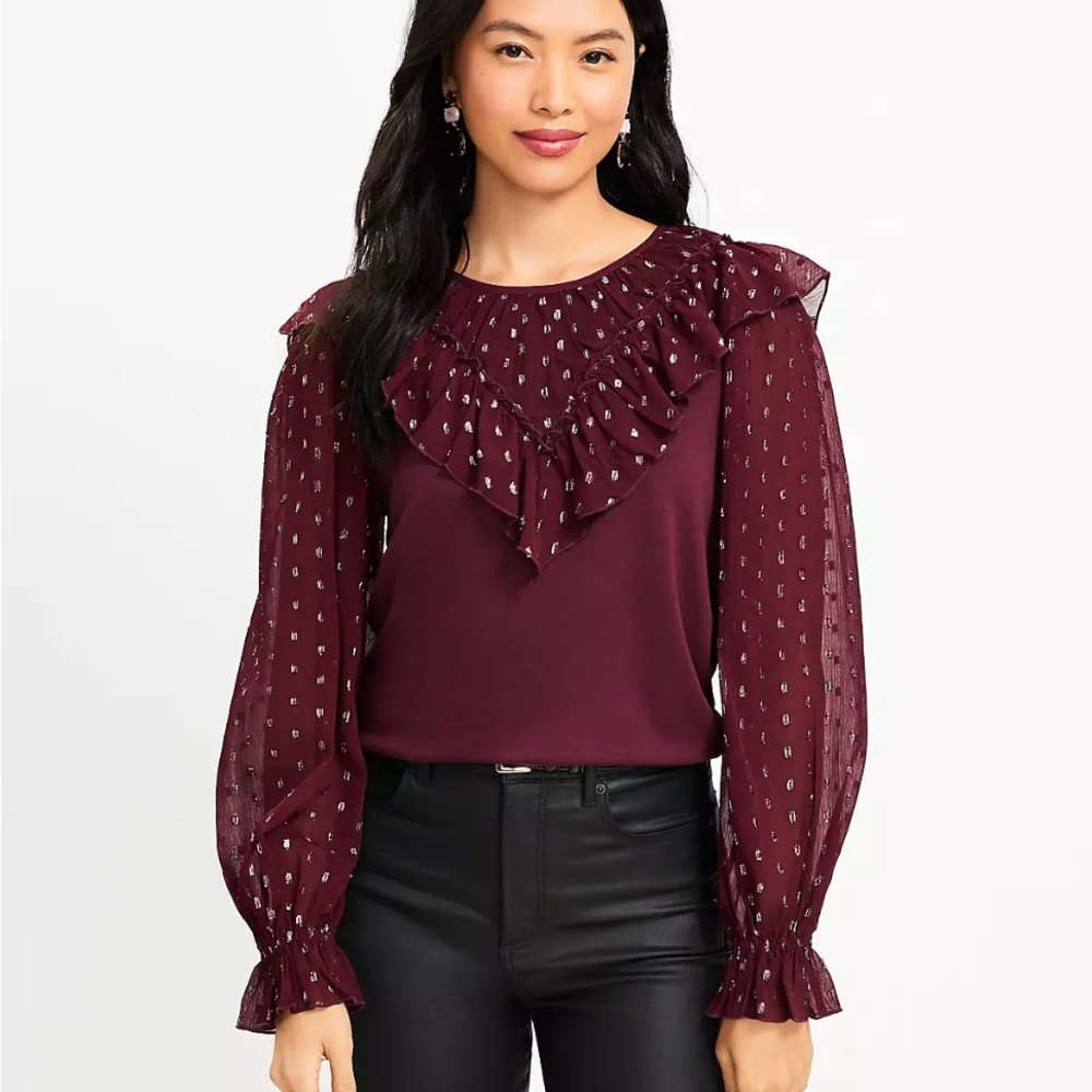 Ann Taylor Loft NWT Burgundy Shimmer Ruffle Blouse Size Medium Holiday Teacher